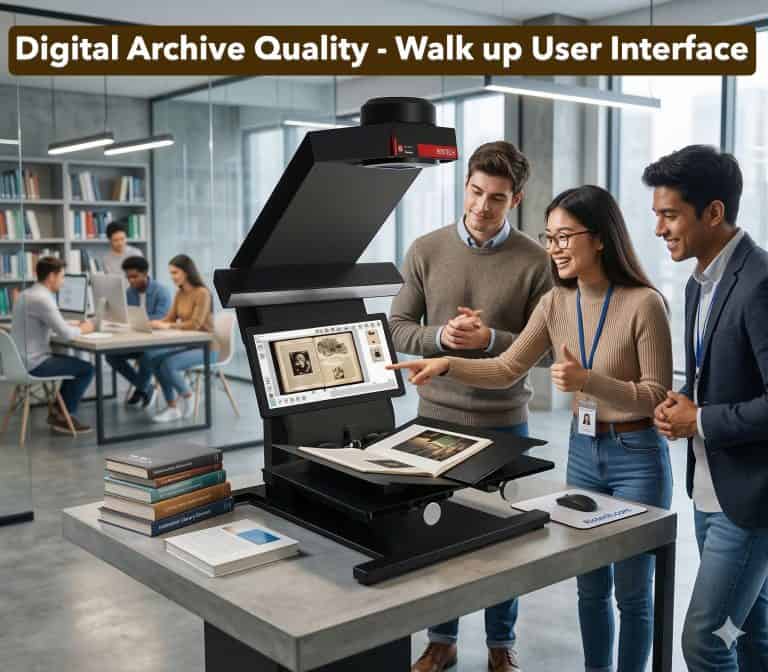Des gens utilisant un scanner de livres book2net dans un environnement de bibliothèque